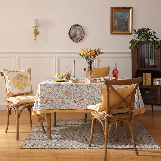 patdrea Designer French Tablecloth for Rectangle Table,Floral Birds Pattern Linen Long Table Cloth,Yellow Decorative Cover for Kitchen Dining Banquet,Christmas,Thanksgiving,63"x94"-Magnolia
