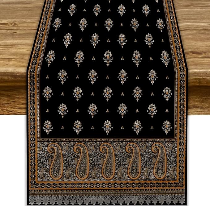 Vintage Paisley Table Runner, Boho Brown Black Flowers Leaves Print Table Runner for Home Dining Kitchen Table Party Wedding Decor, 13x70inch