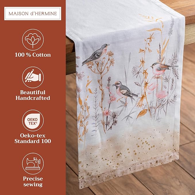 Maison d' Hermine Table Runner 100% Cotton Single Layer Table Runners 108 inches Long Decorative for Home Dining Party Wedding Bridal Shower Spring Summer (Meadow Florals - Beige, 14.50" x 108")