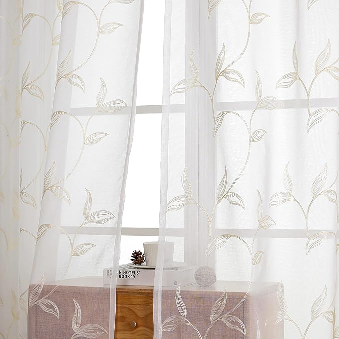 VISIONTEX Sheer Curtains 108 inch Length 2 Panels Set, White Voile Crushed Cream Vine Leaves Embroidery, Rod Pocket Embroidered Window Drapes for Living Room and Bedroom, 54" x 108"