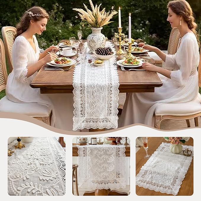 White Elegant Vintage Lace Table Runner,Wedding Lace Decor with Floral Embroidery,Tea Party Decor (White, 13.8X79 Inches)