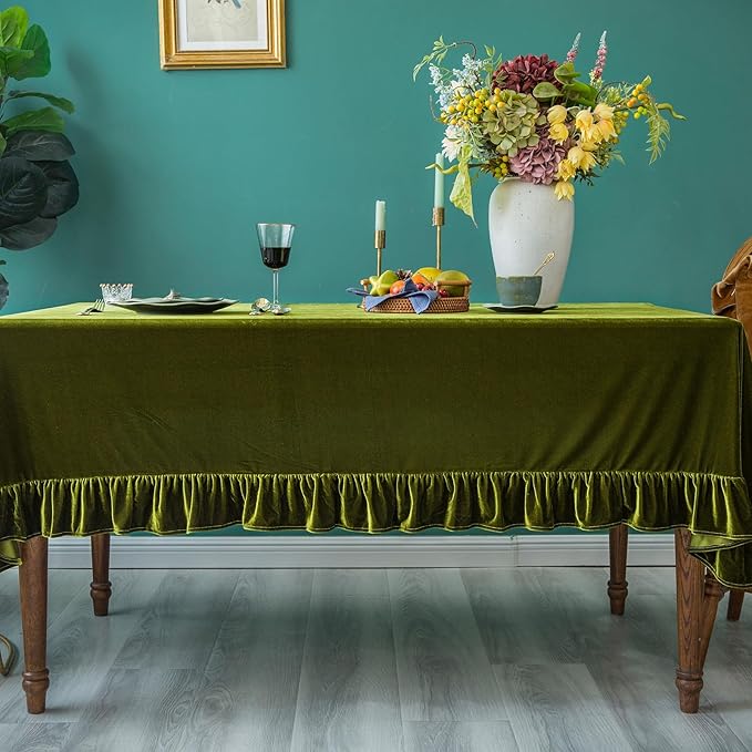 Velvet Tablecloth Luxurious Solid Rectangle Table Cloth,Oblong Retro Farmhouse Ruffle Tablecloths Washable Table Cover for Party Olive Green,52x70 Inches