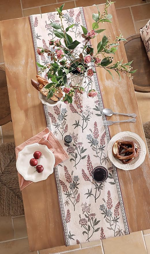 ISAENNE Designer Light Beige Linen Extra Long Table Runner 118 Inches,Vintage Floral Wrinkle Resistant Table Runners for Dining Tables,Christmas,Thanksgiving,Kitchen Tables,12"*118"-Helena A