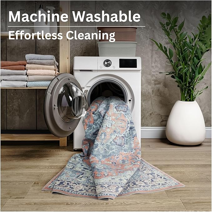 Bloom Rugs Washable Non-Slip 4' x 6' Rug - Coral/Blue Traditional Medallion Area Rug for Living Room, Bedroom, Dining Room, and Kitchen - Exact Size: 4' x 6'