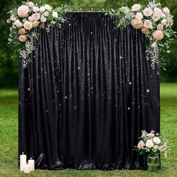 SquarePie Sequin Backdrop Less Transparent Background Sparkly Curtain for Wedding Halloween Party 4FT x 7FT Black