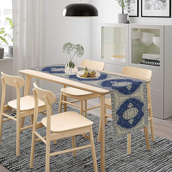 Boho Bohemia Style Dark Blue Table Runner, Country Rustic Farmhouse Magical Abstract Print Pattern for Home Kitchen Table Decor Dining Coffee Room Garden Party Decor 13x120in