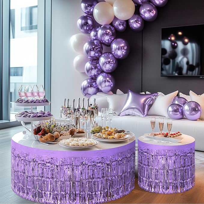 2 Pack Light Purple Table Skirts, 29x108" Metallic Foil Tinsel Fringe Table Skirts for Rectangle Tables Streamer Curtains Backdrop, Party Decorations for Birthdays Weddings Holidays