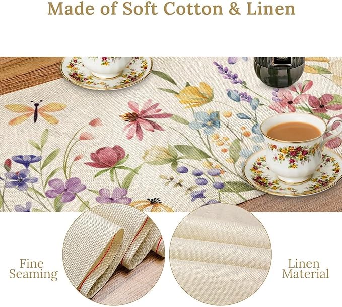 Watercolor Floral Table Runner, Colorful Spring Summer Nature Flower Dragonfly Pattern Print Table Runner for Kitchen Dinning Table Runner Decor Home Wedding Party Holiday, 13x120 Inch