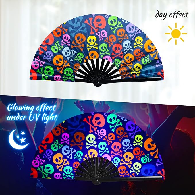 SYNTECSO Folding Hand Fan for Rave, UV Glow Fan, Large Bamboo Fan for Drag Queen, Women and Men Gift，Chinese Japanese Clack Fan for Parties, Music Festivals, EDM and Decoration