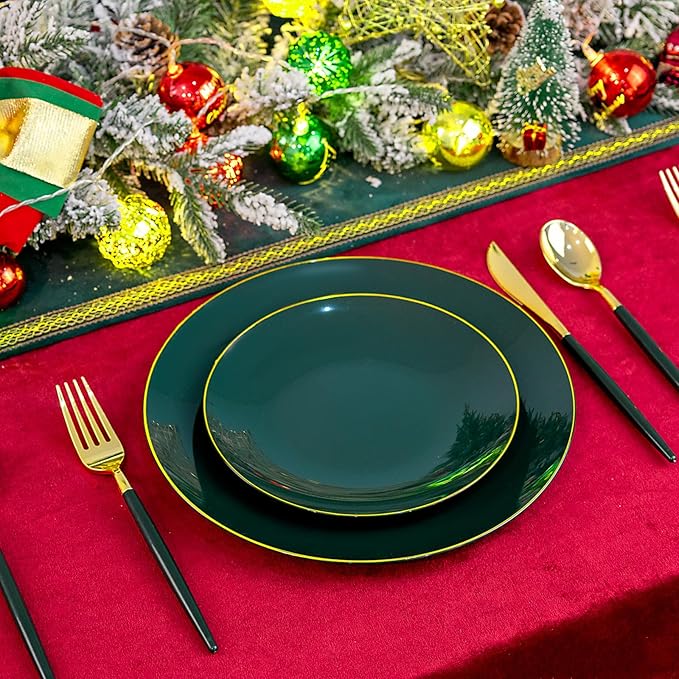 Liacere 150PCS Green Plastic Plates - Gold Plastic Silverware with Green Handle - Heavy Duty Fancy Plastic Plates Disposable Include 30 Guests Plates, Forks, Spoons, Knives for wedding＆Labor Day