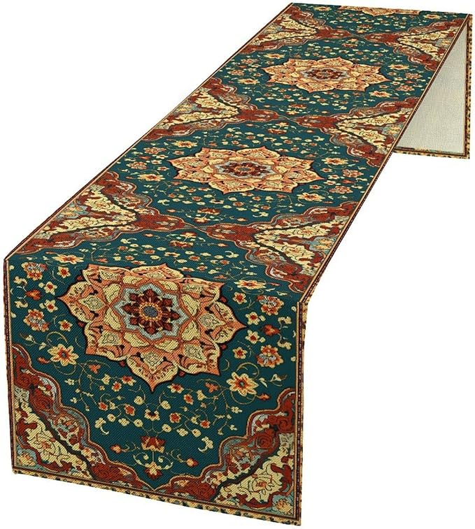 Boho Rich Table Runner, Vintage Blue Teal Gold Retro Flower Rustic Country Style Floral Print Pattern for Home Kitchen Table Decor Dining Coffee Room Garden Party Decor 13x120in