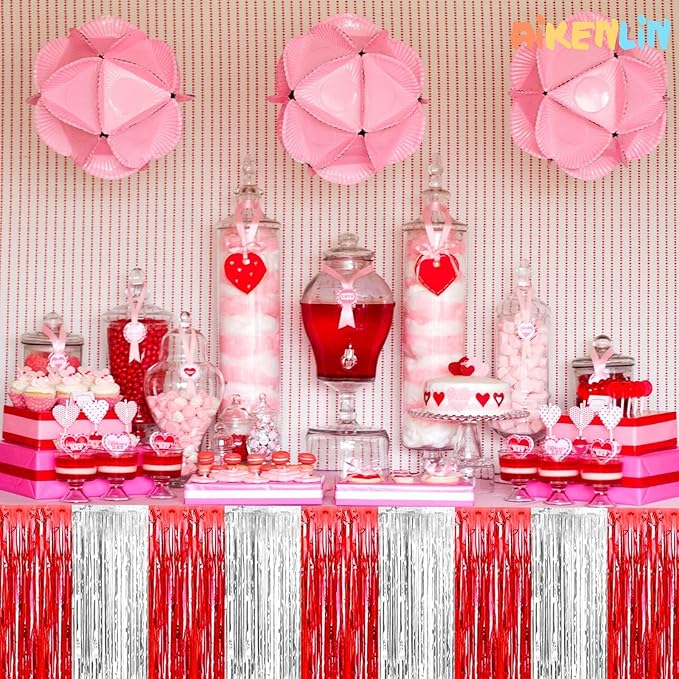 6 Pack 29x108 Inch Red Silver Metallic Foil Fringe Tinsel Table Skirts for Rectangle Tables Streamer for Wedding, Parade Floats, Circus Welcome Carnival Birthday Valentine's Day Party Decoration