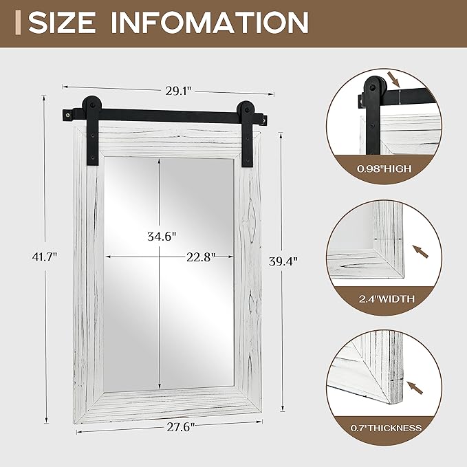 COGOOD Farmhouse Bathroom Mirror - 42 x 29 Rustic Barn Door Style Mirror for Living Room, Entryway, Vanity Wall Decor (White)