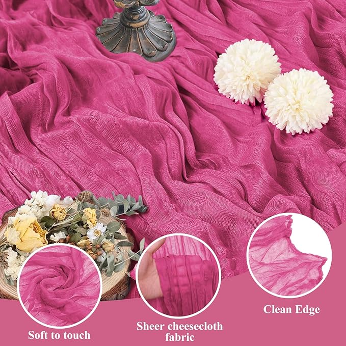 Asee'm 4pcs Cheesecloth Table Runner 120 Inches Long Deep Pink Boho Gauze Cheese Cloth Runner 10FT Rustic Sheer Table Runners for Christmas Wedding Party Baby Shower Spring Easter Decoration