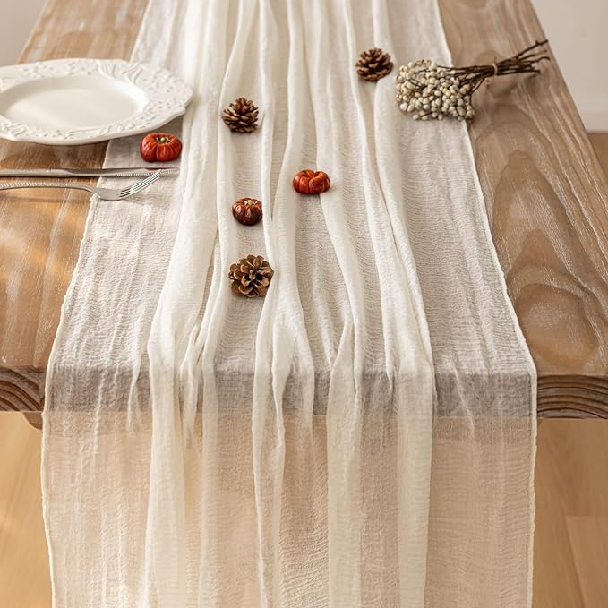 3pcs Ivory Gauze Rustic Cheesecloth Table Runner 120 Inch 10 FT for Wedding Baby Shower Bridal Shower Birthday Engagement Garden Outdoor Party Long Sheer Boho Decorations