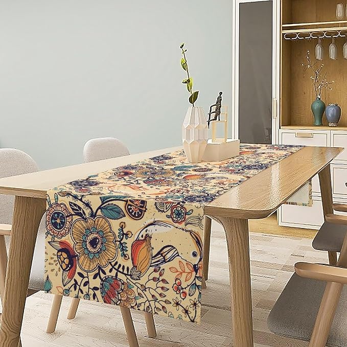 Vintage Paisley Table Runner, Boho Beige Paisley Flower Leaves Print Table Runner for Home Party Patio Indoor Outdoor, 13x36inch