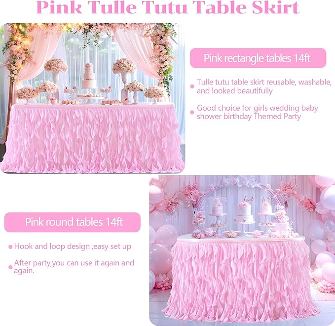 PARTISKY Pink Tulle Curly Willow Table Skirt for Rectangle Table 14ft, Ruffle Tutu Table Cloth for Girls Baby Shower,Birthday Party Candy Cake Tables