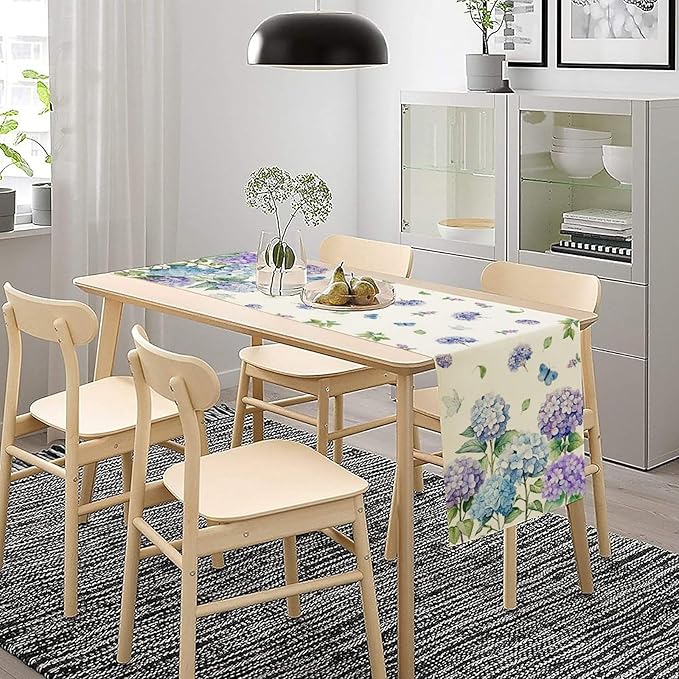 Spring Hydrangea Flower Table Runner, Seasonal Summer Plants Watercolor Florals Butterfly Dinner Runner for Home Kitchen Dining Table Party Holiday Decoration 13"x36"