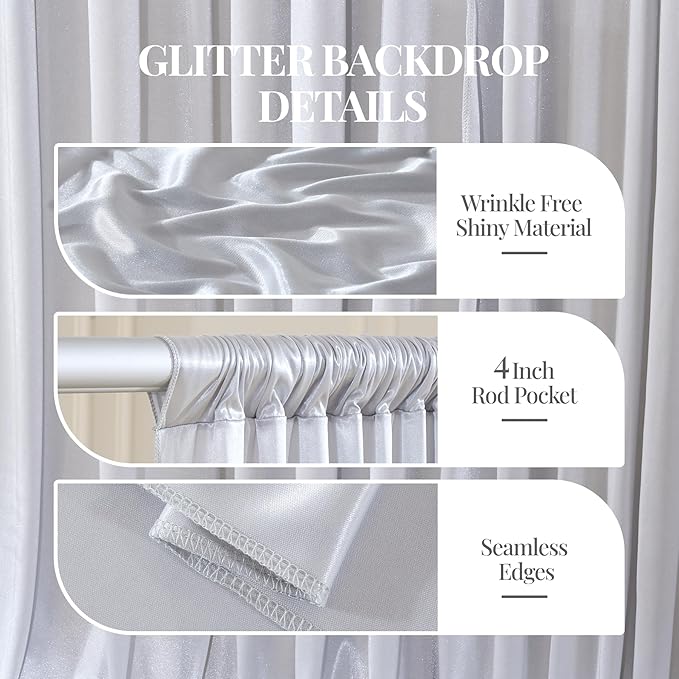 10x10 ft Silver Glitter Backdrop Curtain for Parties, Wrinkle Free Glitter Photo Backdrop Drapes 2 Panels 5x10FT Shimmer Back Drop Cloth for Wedding Birthday Stage Photography Background Decor