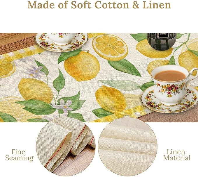 Lemon Table Runner,Yellow White Buffalo Plaid Summer Table Runner for Kitchen Dining Table Home Party Decoration 13x108 Inch