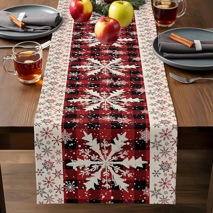 Buffalo Plaid Christmas Cotton Linen Table Runner for Dining Kitchen, Snowflake Red Black Check Wedding Outdoor Party Tablerunner Decoration, Retro Dresser Scarf Coffee Tablecloth Runners 13x90 Inches