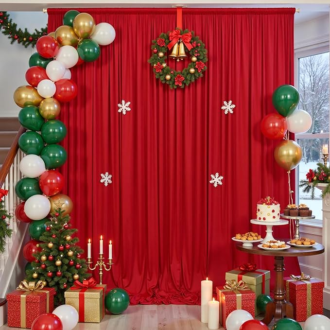 10×14ft Wrinkle Free Red Backdrop Curtain for Wedding Parties,2 Panels 5×14ft Height Soft Silky Polyester Backdrop Drapes Red Photo Back Ddrop Curtains for Event Photography Christmas Background Cloth