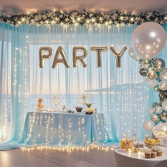 Ledido 10×10ft Tulle Backdrop Curtains with Lights String - 300LED Fairy Lights Sheer Curtain Backdrop for Weddings Baby Shower and Birthday Party Decorations(2 Panels 5×10ft)
