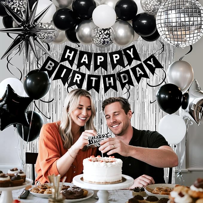 26th Birthday Decorations for Men Women, Black Silver Happy Birthday Party Decorations， 26 Year Old Party Supplies with Number 26 Balloons, Banner, Fringe Curtains Kit