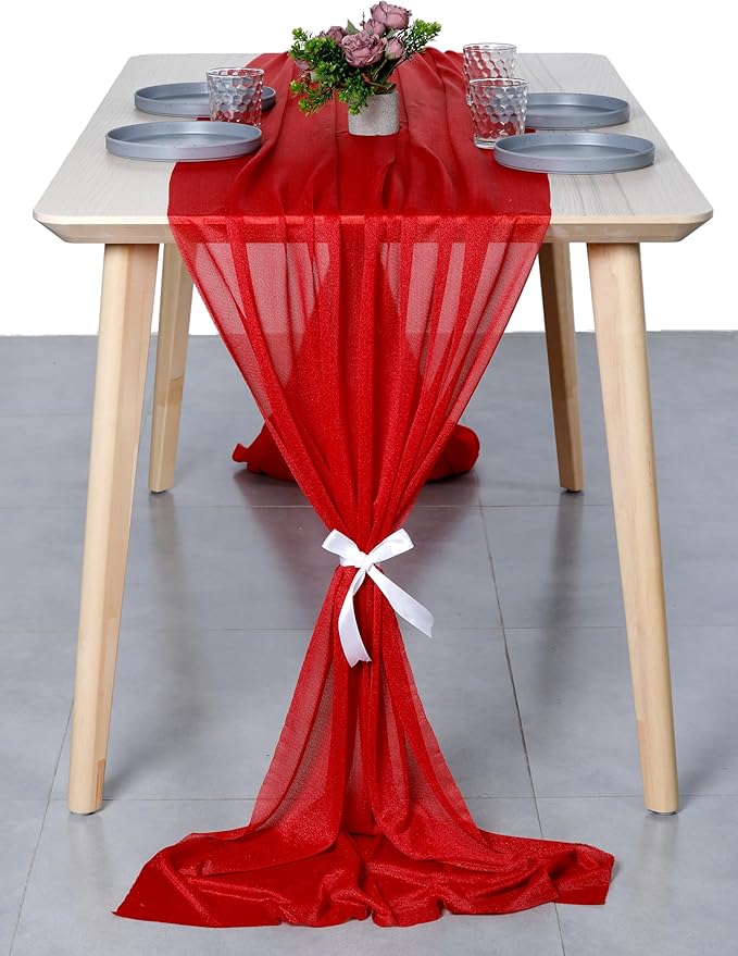 MDS 2 Pack 10ft Chiffon Table Runner 29 x 120 Inches Sheer Wedding Runner Romantic Rustic Table Runner for Wedding Decorations, Birthday Parties, Bridal Shower Party Arch Decor - Red