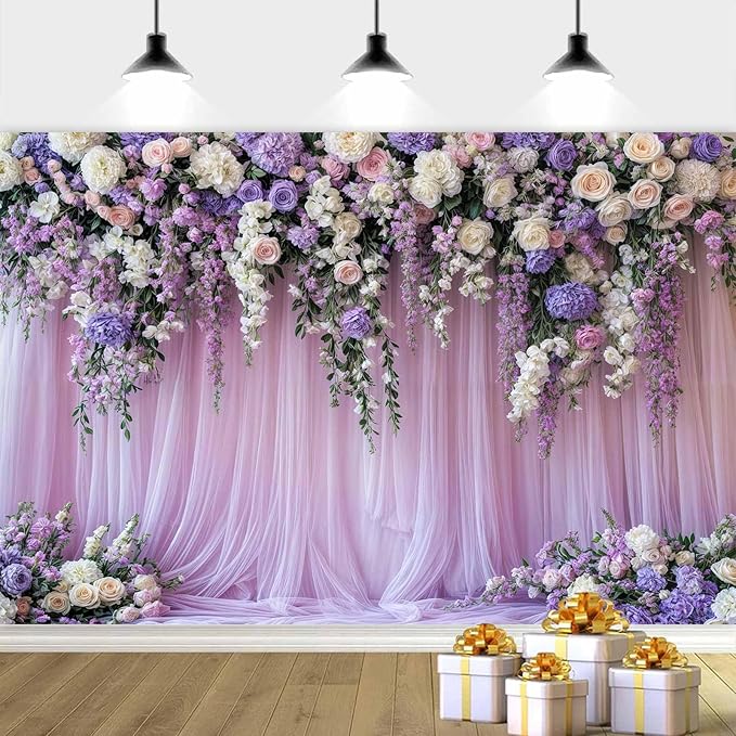 10x8ft Purple Lavender Floral Bridal Backdrop Wedding Flower Photography Backdrop for Girl Portrait Baby Shower Birthday Party Decor Banner Mother's Day Party Wall Backdrop Studio Photo Backgrounds