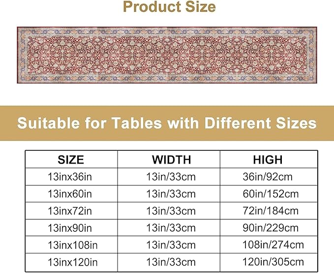Boho Bohemia Style Table Runner, Vintage Red Blue Retro Flower Rustic Country Style Floral Print Pattern for Home Kitchen Table Decor Dining Coffee Room Garden Party Decor 13x90in