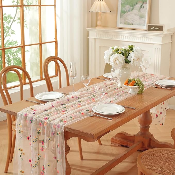 Champagne Embroidery Daisy Fall Table Runner 120Inch 10FT Florals Soft Sheer Tulle Fabric Table Runner for Home Decor, Brithday, Wedding, Baby Shower ,Holiday ,Parties, DIY Craft,3PC