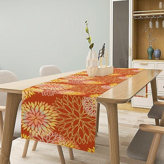 Yellow Floral Table Runner, Chrysanthemum Autumn Spring Summer Vintage Modern Linen Geometric Table Runner for Kitchen Living Room Bedroom Party Holiday, 13x60 Inch