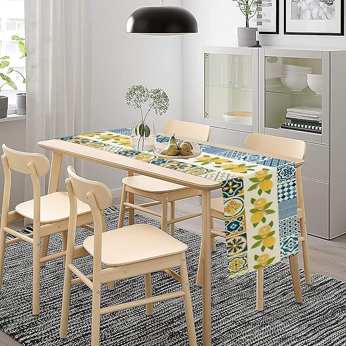 Lemon Table Runner,Watercolor Blue Fruits Green Leaves Print Table Cloth Kitchen Dining Table Home Party Decoration 13x120 Inch
