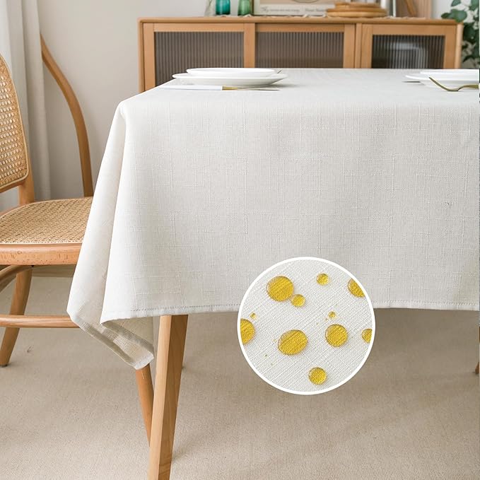 NLMUVW White Linen Table Cloth for Rectangle - Rustic Textured 6ft Tablecloth Water Resistant Farmhouse for Cafe Dining Card Kitchen, 54 x 96 Inch