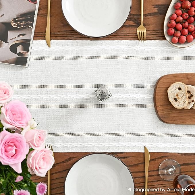 Artoid Mode Rustic Cotton Linen Table Runner, Seasonal Embroidered Hollow Kitchen Dining Table Decoration for Home Party Decor 13x72 Inch