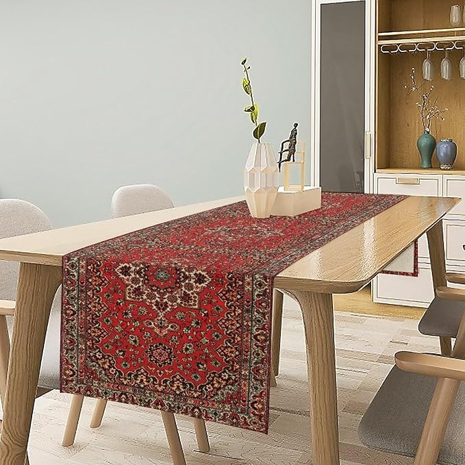 Vintage Boho Floral Table Runner, Rustic Country Farmhouse Red Black Retro Flower Pattern for Home Kitchen Table Decor Dining Coffee Room Party Decor 13x72in