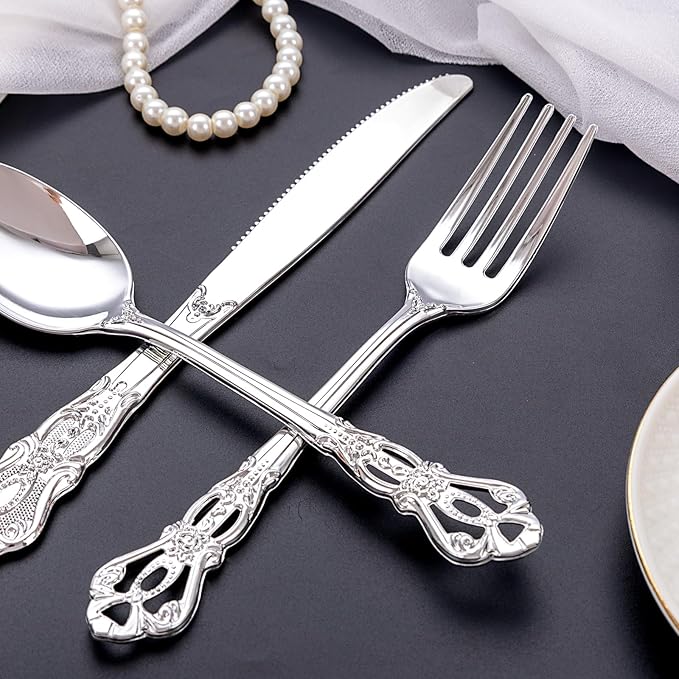 40PSC Silver Plastic Cutlery - Vintage Silver Disposable Silverware - Heavyweight Plastic Utensils with 20 Forks, 10Knives, 10 Spoons For Catering, Parties, Dinners and Weddings