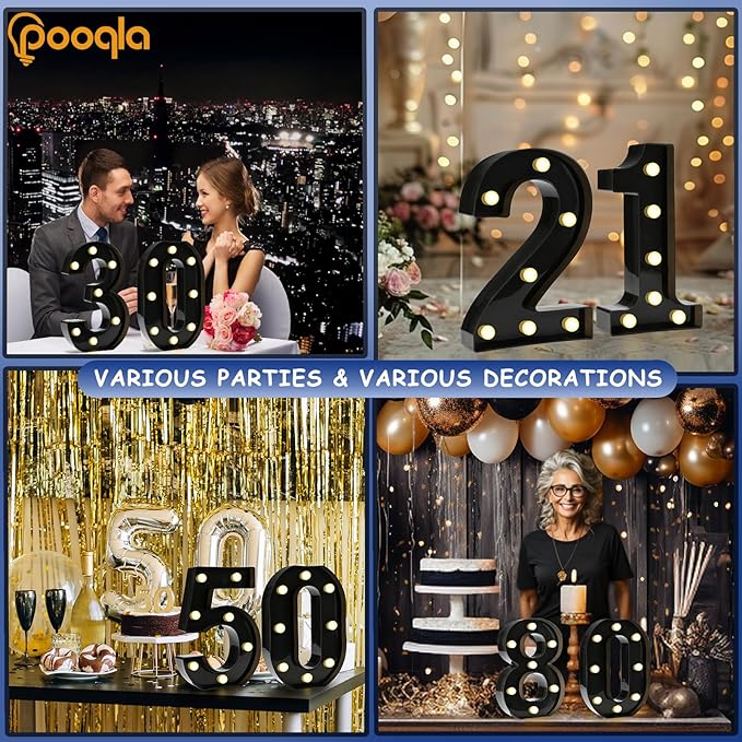 Pooqla Decorative Led Light Up Number Letters, Black Plastic Marquee Number Lights Sign for 80th Birthday Party Wedding Decor Battery Operated Black Decoration 80