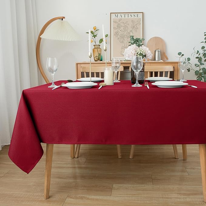 Biscaynebay Textured Fabric Christmas Rectangle Table Cloth 52x70 Inches, Red Water Resistant Spill Proof Tablecloths for Dining, Kitchen, Wedding and Parties, Machine Washable