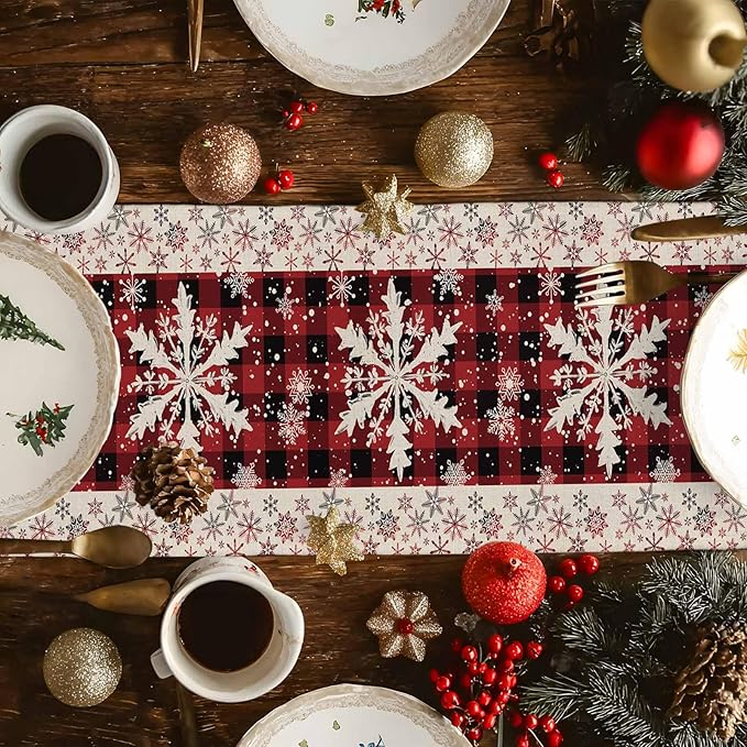 Buffalo Plaid Christmas Cotton Linen Table Runner for Dining Kitchen, Snowflake Red Black Check Wedding Outdoor Party Tablerunner Decoration, Retro Dresser Scarf Coffee Tablecloth Runners 13x90 Inches