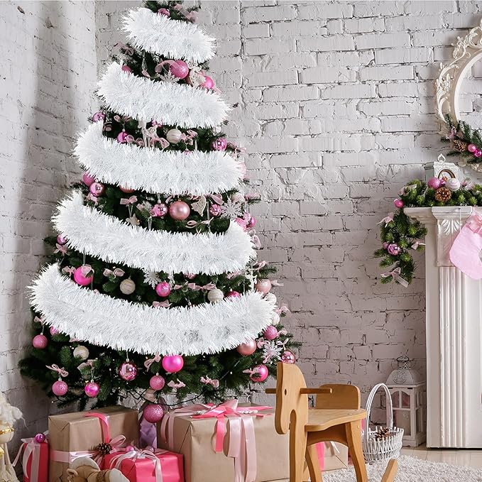 72 Feet Christmas Tinsel Garland Shiny Metallic Tinsel Twist Garland Streamers Ornaments Long Glitter Christmas Tree Hanging Decorations for Party Holiday Wedding Birthday Tree Wall Rail (Snowy White)