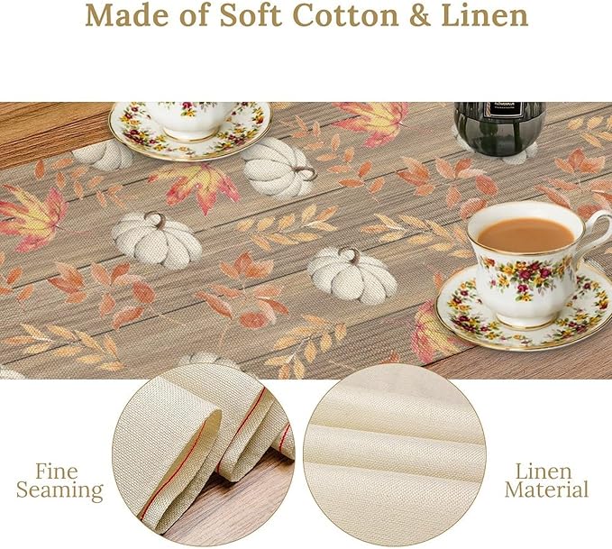 Autumn Table Runner,Pumpkins Maple Leaves Wood Fall r Seasonal Table Runner Kitchen Dining Table Decoration for Home Party Decor 13x70 Inch