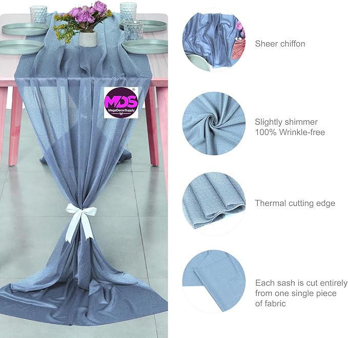 MDS 2 Pack 14ft Chiffon Table Runner 29 x 170 Inches Sheer Wedding Runner Romantic Rustic Table Runner for Wedding Decorations, Birthday Parties, Bridal Shower Party Arch Decor - Dusty Blue