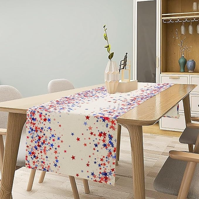 Independence Day Table Runner, 4th of July Red Blue Stars American President Day Holiday Confetti Print Table Cover for Kitchen Dining Table Indoor Outdoor Party, 13x70inch