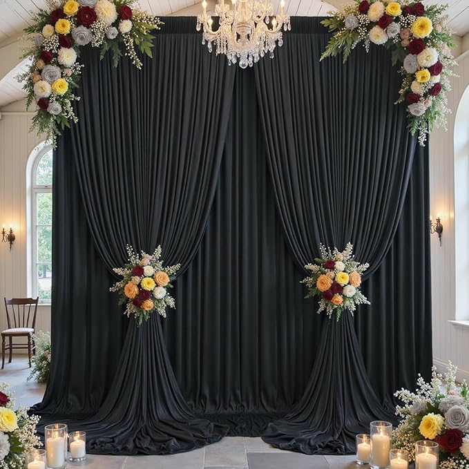 10x12ft Wrinkle Free Black Backdrop Curtain for Wedding Parties, 2 Panels 5×12 ft Long Soft Silky Polyester Fabric Backdrop Drapes Black Photo Back Drop Curtains for Party Photography Background Cloth