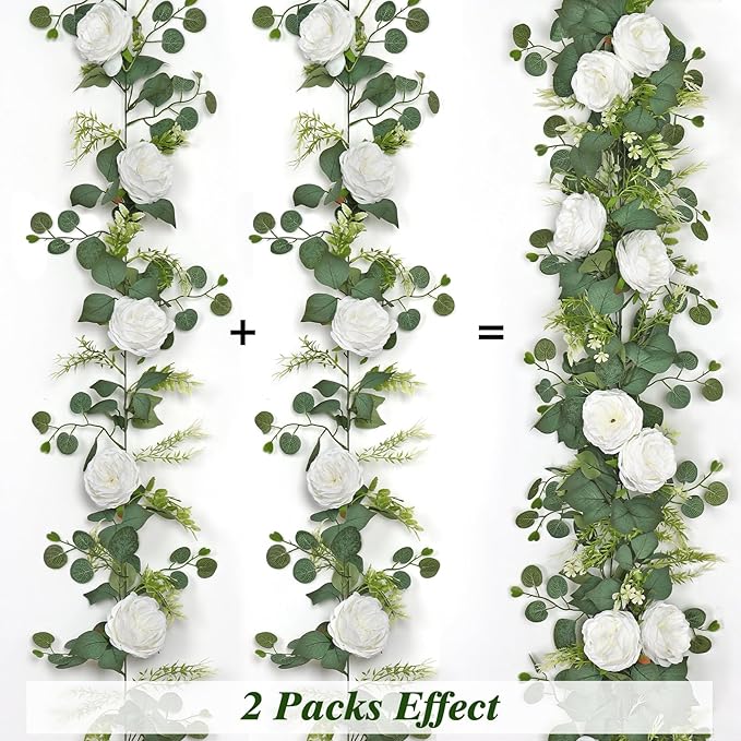 2PCS Artificial Eucalyptus Flowers Garland with White Roses 6.23FT Floral Garland Fake Peony Rose Vines Decorative Wall Hanging Plant for Wedding Party Arch Table Wall Backdrop Decor