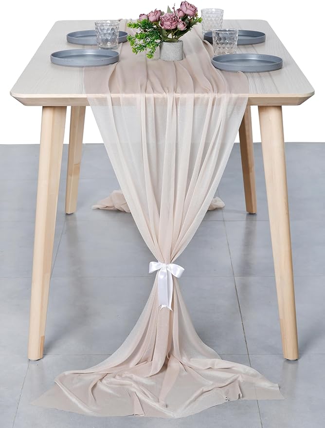 MDS 2 Pack 10ft Chiffon Table Runner 29 x 120 Inches Sheer Wedding Runner Romantic Rustic Table Runner for Wedding Decorations, Birthday Parties, Bridal Shower Party Arch Decor - Nude