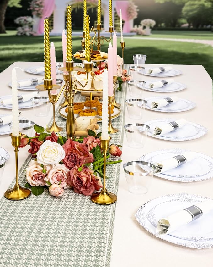 Goodluck 350 Piece Silver Plastic Dinnerware Set for 50 Guests, Fancy Disposable Plates, Include: 100 Silver Rim Plastic Plates, 150 Silverwares, 50 Pre Rolled Napkins, 50 Cups for Party, Wedding