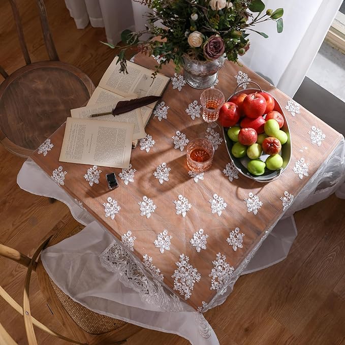 patdrea Designer White Lace Elegant Tablecloth for Square Tables,Vintage Tulle French Romantic Knitted Embroidered Overlay Tablecloths Decor for Kitchen Wedding Banquet,63"*63"